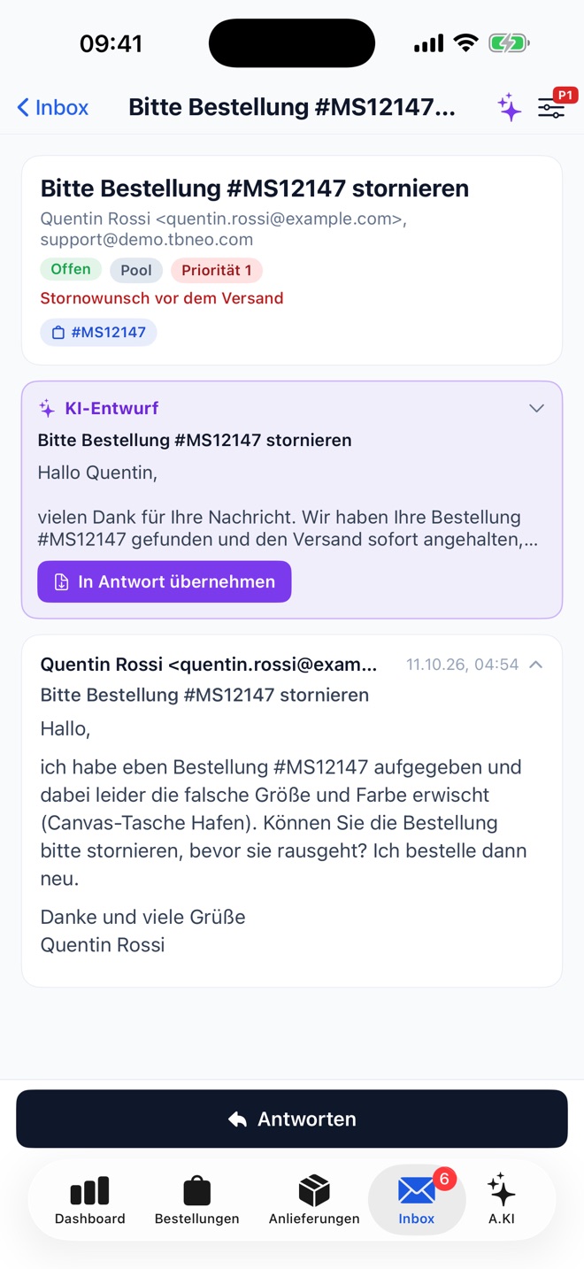 Kundenverlauf in der App mit Antwortentwurf von A.KI